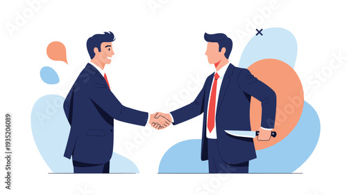 Businessman shakes hands with another while secretly holding a knife behind his back representing betrayal and dishonesty.