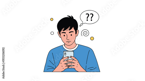 Young man in a blue t-shirt looks at his smartphone with a puzzled and confused expression as question marks and swirls appear around his head.