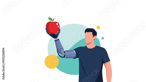 Man with a bionic prosthetic arm holds a fresh red apple illustrating medical technology and modern accessibility.