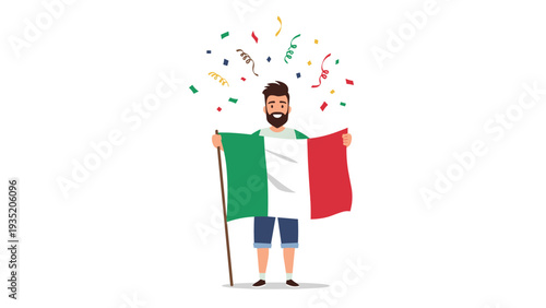 Happy man celebrates by holding the national flag of Italy while colorful confetti falls around him in excitement.