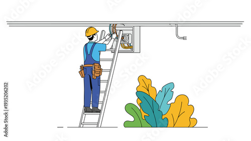 Professional electrician wearing a hard hat and blue overalls stands on a tall ladder to fix a building fuse box.