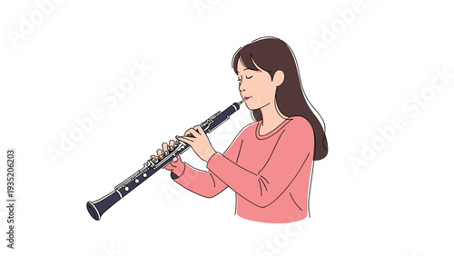 Talented young woman with long dark hair focuses while playing a black clarinet against a clean white background.