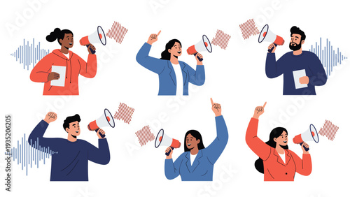Set of diverse people shouting through megaphones with visible sound waves to communicate their messages clearly.
