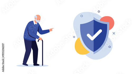Elderly man with a walking cane points towards a blue security shield icon representing safety and insurance for seniors.