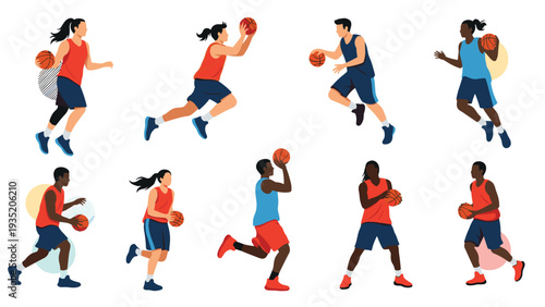 Set of diverse male and female basketball players in various active poses like dribbling, jumping, and shooting.