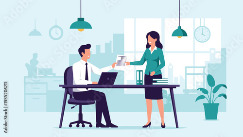 Male and female colleagues collaborate in a modern office setting with computers and large windows with city views.