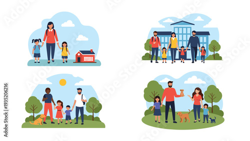 Collection of four illustrations showing diverse families walking to school, playing in parks, and walking their dogs.