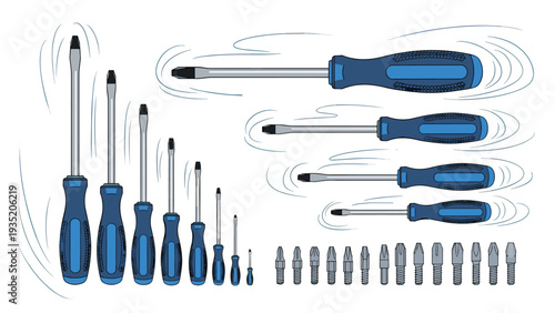 Professional set of various blue screwdrivers and metal bits for home repairs and general construction projects.