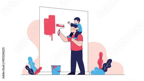 Loving father carries his young son on his shoulders while they work together to paint a wall with a red roller.