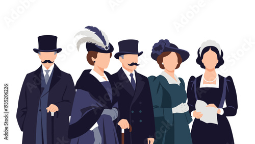 Group of men and women dressed in elegant Victorian era costumes with top hats, long dresses, and formal coats.