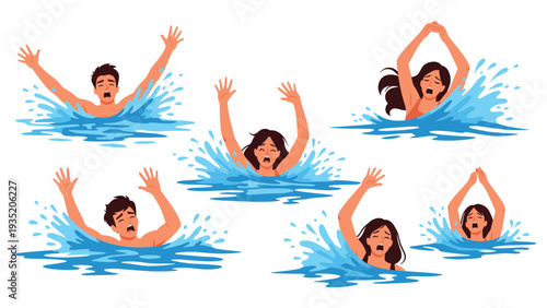 Set of six illustrations showing men and women drowning in blue water while waving their arms for help in distress.