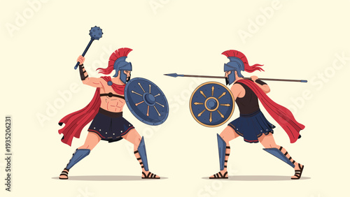 Two ancient Greek spartan warriors in traditional armor engaged in a fierce battle with spear, mace, and shields in combat.