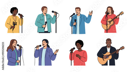 Collection of diverse male and female characters singing and playing instruments like guitars while performing on stage.