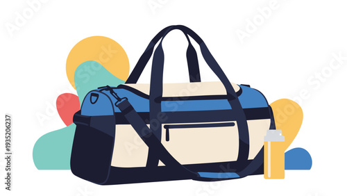 Stylish blue and cream sports duffel bag placed next to a water bottle against a background of colorful abstract organic shapes.