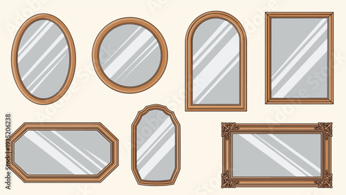 Set of classic wooden framed mirrors in various shapes including oval, circular, arched, and rectangular designs for home decor.