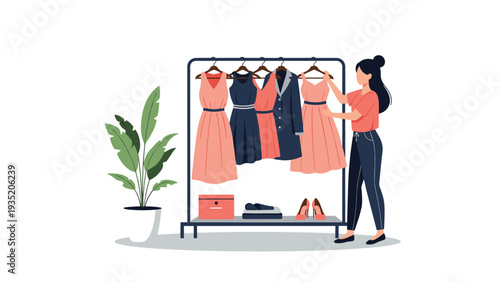 Young woman in casual clothes organizing different dresses and a coat on a metal clothing rack next to a green potted plant.