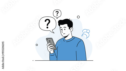 Young man in a blue shirt looking at his mobile phone screen with confused expression and question mark bubbles above him.