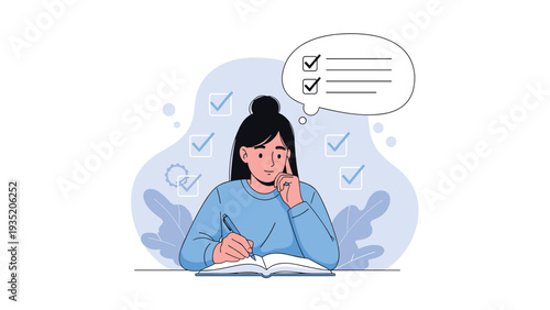 Young woman sitting at a desk writing in her notebook while thinking about completed tasks and goals with checkmark symbols.