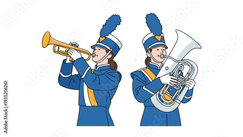 Two female musicians in blue and white marching band uniforms playing the trumpet and tuba instruments with concentrated expressions.