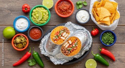 Wallpaper Mural A vibrant top-down view of a halved chicken burrito wrapped in foil, surrounded by colorful bowls of guacamole, salsa, sour cream, jalapeños, lime, and tortilla chips on a rustic wooden table. Torontodigital.ca