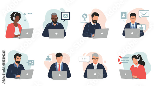 Collection of diverse men and women working remotely on their laptops with icons representing communication, success, and tasks.