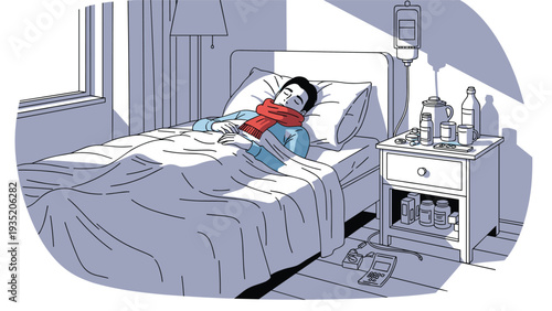 Sick man wearing a red scarf resting in bed with various medicines, water, and medical equipment on the nearby nightstand table.