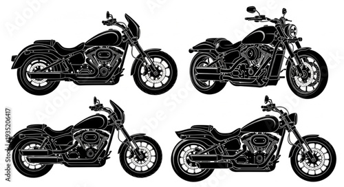 Set of Four Black Motorcycle Illustrations on White Background.
