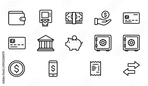 Money Line Icon Set Wallet ATM Cash Coin Editable Stroke 48x48 Pixel Perfect Vector Isolated on White