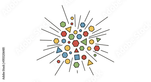 Explosion of colorful geometric shapes radiating lines symbolizing energy, creativity, and abstract concepts.