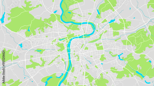 Modern Minimalist Vector City Map. Clean Urban Plan Illustration featuring River, Parks, Roads, and Lakes. Ideal for Navigation, Location, and Environmental Design.