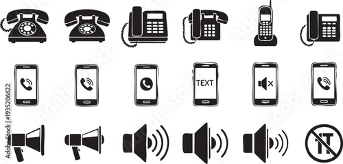 Black and white of telephones and mobile phones with megaphones communication