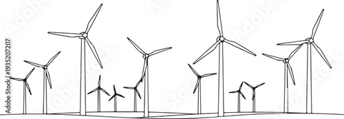 Black silhouette of a windmill farm scene on a white background, minimal outline