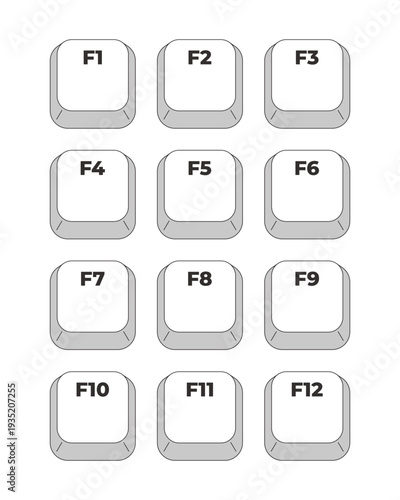 F1-F12 function keys grayscale keyboard hotkey set. System controls. Commands layout. Input hardware. Minimal shortcut keys. Monochrome combination buttons for productivity. Vector illustration