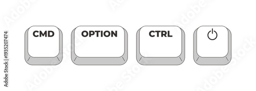 CMD Option CTRL Power grayscale keyboard hotkey. Forced quit all applications and perform system shutdown. Minimal shortcut keys. Monochrome combination buttons for productivity. Vector illustration