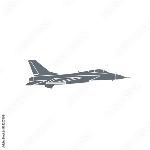 A minimalist illustration of a modern fighter jet in flight, showcasing its aerodynamic design and sleek profile against a plain white background