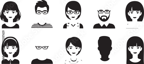 Black and white of ten people black and white avatars characters faces heads
