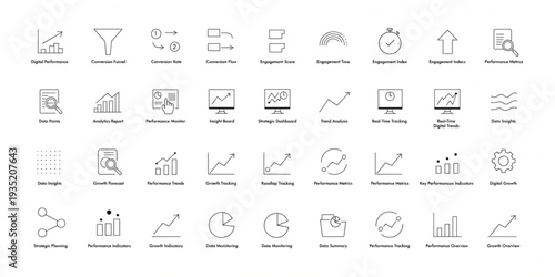Collection of infographic icons representing data analytics, business growth, and marketing performance metrics for digital strategy and reporting