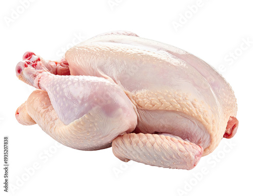 Whole raw chicken, pale skin, plump body, with legs & wings attached