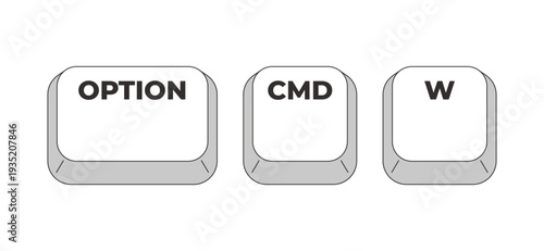 Option Command W grayscale keyboard hotkey. Close all open windows and folders in application. Web browser. Minimal shortcut keys. Monochrome combination buttons for productivity. Vector illustration