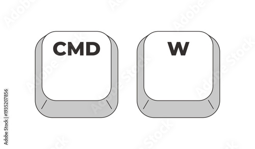 Command W grayscale keyboard hotkey. Close active window, document. Quit current tab. Application control. Minimal shortcut keys. Monochrome combination buttons for productivity. Vector illustration