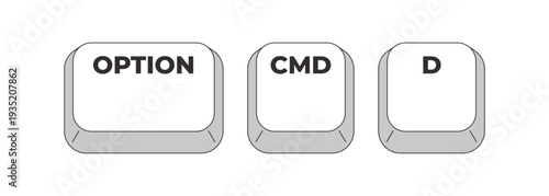 Option Command D grayscale keyboard hotkey. Toggle dock visibility. Interface control. Desktop management. Minimal shortcut keys. Monochrome combination buttons for productivity. Vector illustration