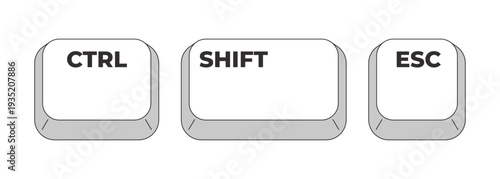 Ctrl Shift Esc grayscale keyboard hotkey. Task manager tool. System monitoring. Performance check. Minimal shortcut keys. Monochrome combination buttons for productivity. Vector illustration