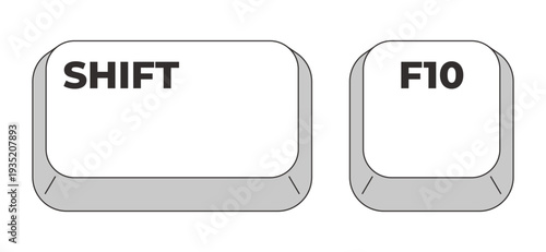 Shift F10 grayscale keyboard hotkey. Context menu. Alternative to right mouse click. Accessibility tool. Minimal shortcut keys. Monochrome combination buttons for productivity. Vector illustration