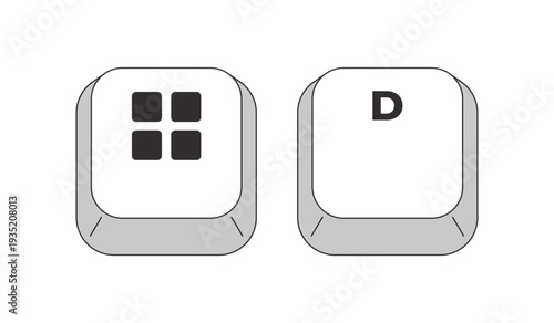 Super key D letter grayscale keyboard hotkey. Show desktop. Minimize all windows. Workspace access. Minimal shortcut keys. Monochrome combination buttons for productivity. Vector illustration