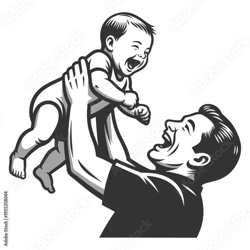 happy father lifting his laughing baby in the air, expressing love, bonding and parental joy sketch engraving generative ai fictional character vector illustration. Scratch board. Black and white.