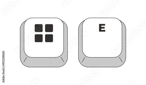 Super key E letter grayscale keyboard hotkey. Open folder management. File browsing. System navigation. Minimal shortcut keys. Monochrome combination buttons for productivity. Vector illustration