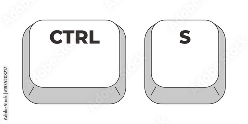 Ctrl S letter grayscale keyboard hotkey. Save file and project in application. Document management. Minimal shortcut keys. Monochrome combination buttons for productivity. Vector illustration