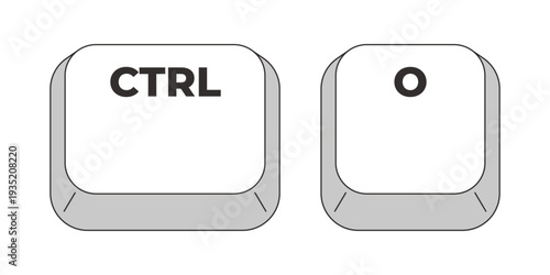Ctrl O letter grayscale keyboard hotkey. Open file. Document access. System command. Data management. Minimal shortcut keys. Monochrome combination buttons for productivity. Vector illustration