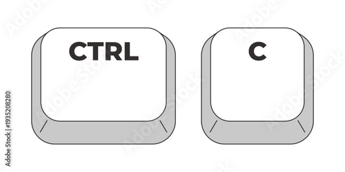 Ctrl C letter grayscale keyboard hotkey. Copy selected text and file to clipboard. Editing function. Minimal shortcut keys. Monochrome combination buttons for productivity. Vector illustration