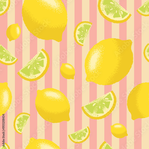 A seamless pattern with yellow lemons and lemon slices on a striped pink and yellow background. Vector illustration for fabric and wrapping paper.